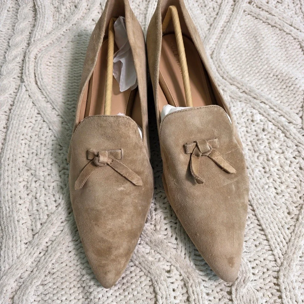 Cole Haan Grand 360 Suede Pointed Toe Bow Loafers Flats Tan Women 10B